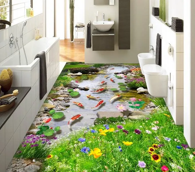 Gạch lát nền phòng tắm 3D chủ đề hoa