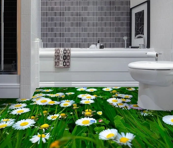 Gạch lát nền phòng tắm 3D chủ đề thảm cỏ